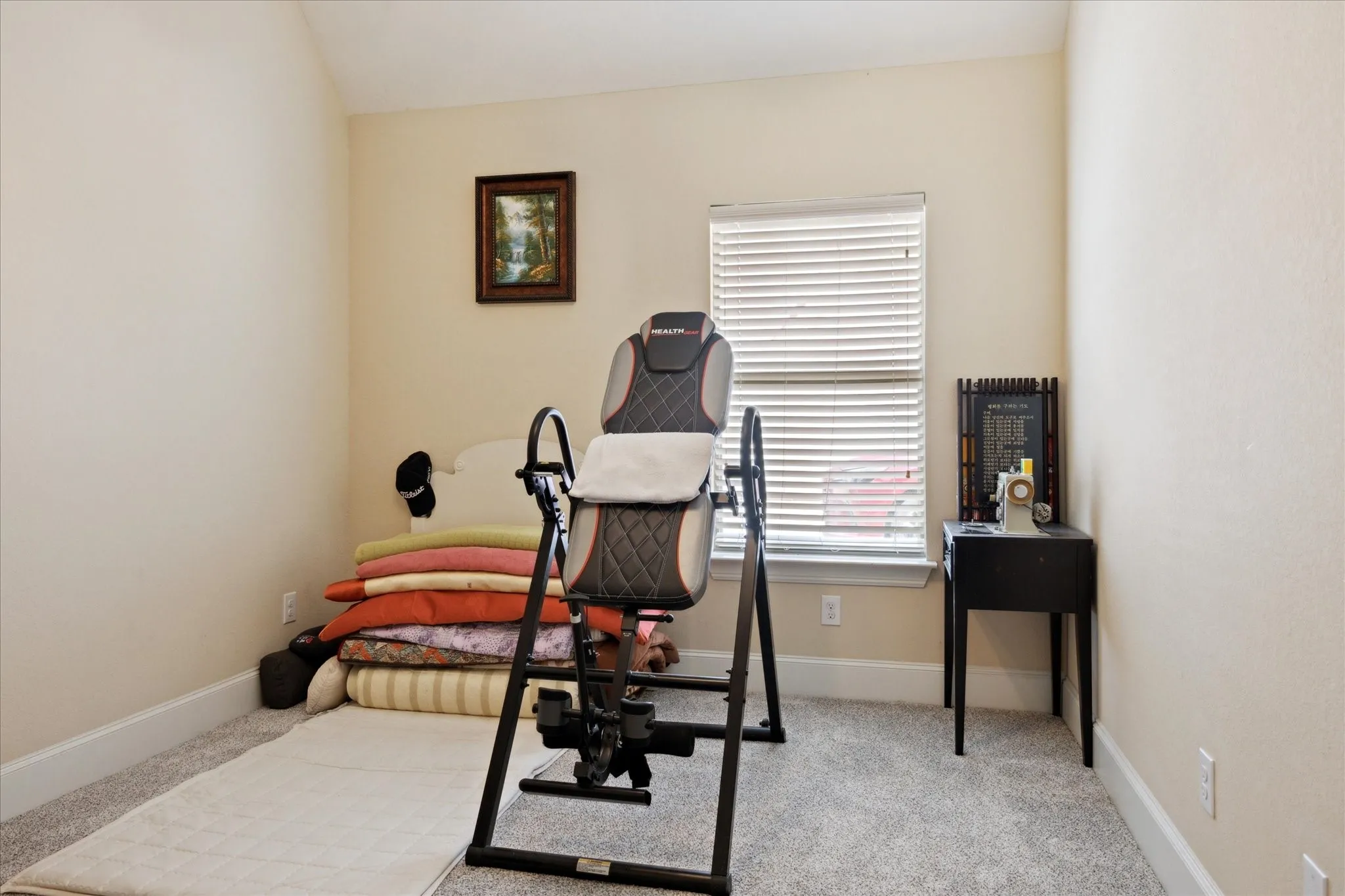 Versatile room featuring light-toned walls, gray carpet, and white baseboards