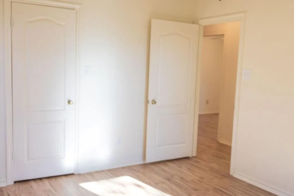 Room featuring wood-finish flooring, light-toned walls, and white paneled doors