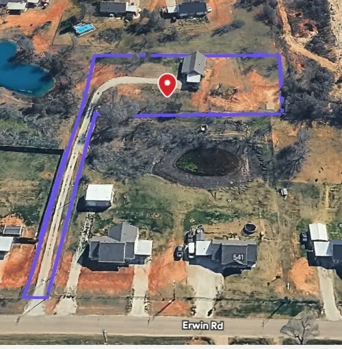 Aerial View from 2022 with APPROXIMATE boundary lines on this 1.23 ACRE LOT
