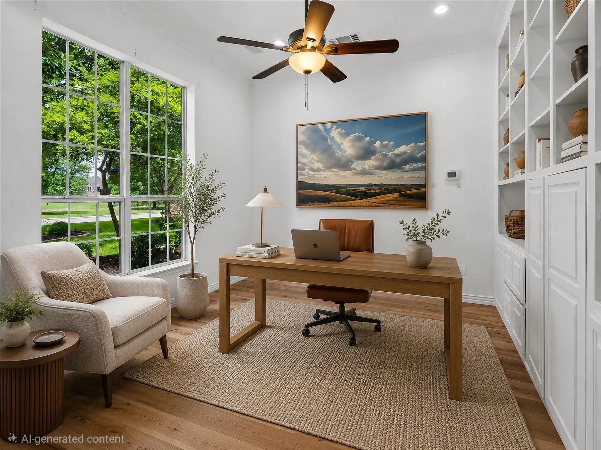Bright room featuring a large multi-pane window, extensive built-in shelving and cabinetry, wood-finish flooring, a ceiling fan with integrated lighting, and recessed overhead lighting