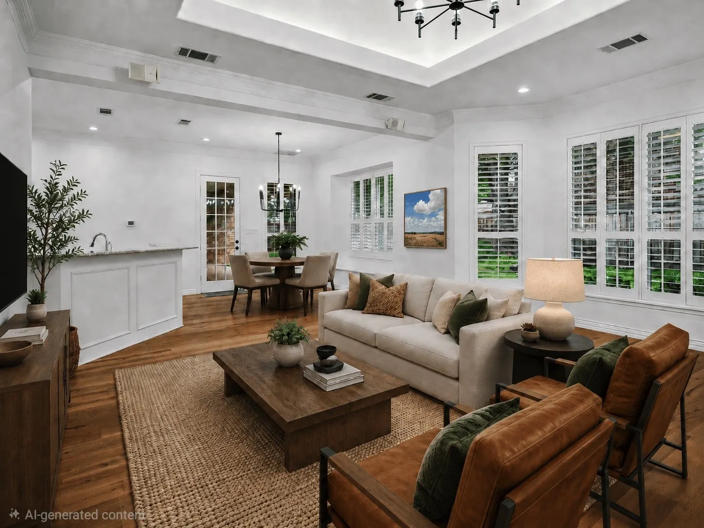 Open-concept living area featuring wood-finish flooring, a tray ceiling with recessed lighting, and plantation shutters on multiple windows