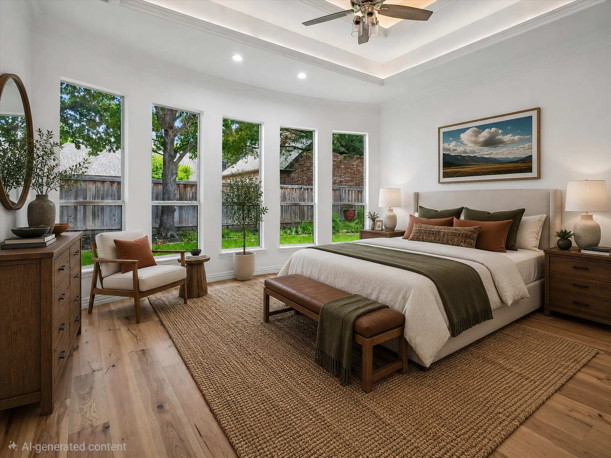 Expansive bedroom featuring five tall windows, a tray ceiling with recessed lighting and a ceiling fan, light wood-finish flooring, and white painted walls