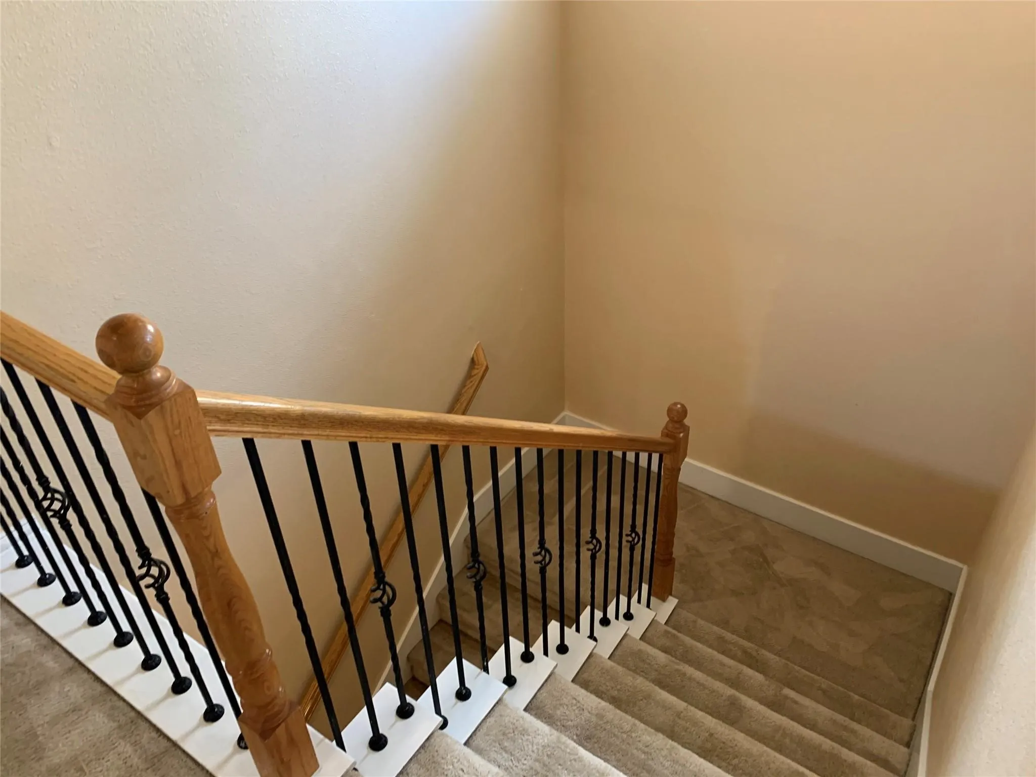 Staircase featuring wood handrails, decorative iron balusters, and carpeted treads