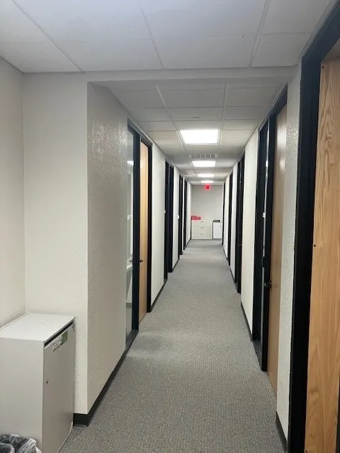 Hallway with textured white walls, black trim, and light wood-finish doors