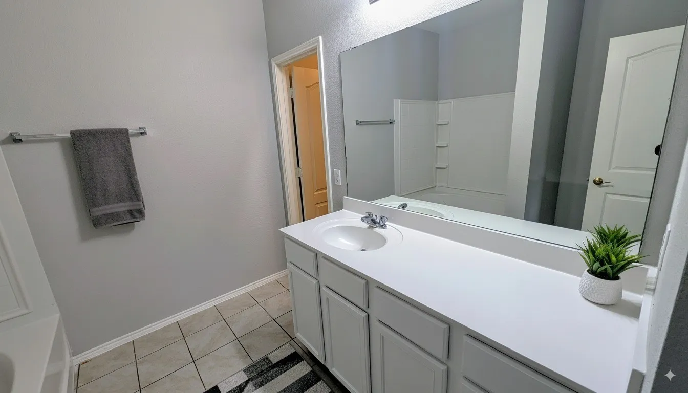 Bathroom featuring a white vanity with integrated sink, a large wall-mounted mirror, light-toned tile flooring, and a white tub with shower surround