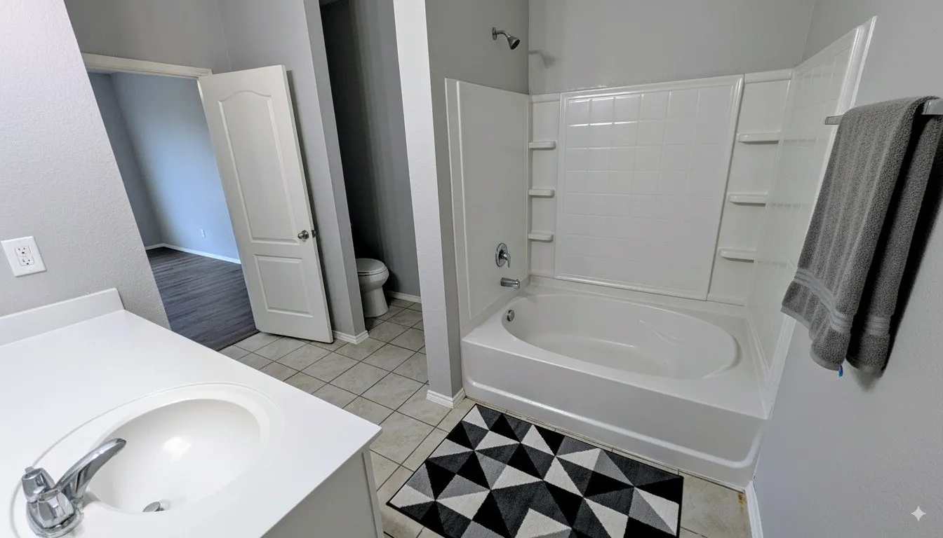 Bathroom featuring a white vanity with an integrated sink, a chrome faucet, and a large soaking tub with a shower fixture