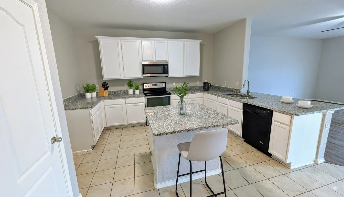 Modern kitchen featuring white cabinetry, granite countertops, stainless steel appliances, a kitchen island with seating, and tiled flooring
