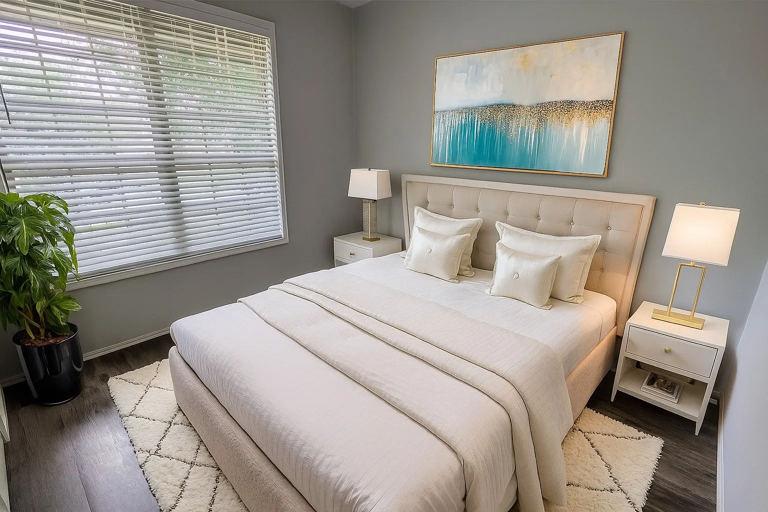 Windowed room with a tufted headboard, wood-finish flooring, and neutral wall tones
