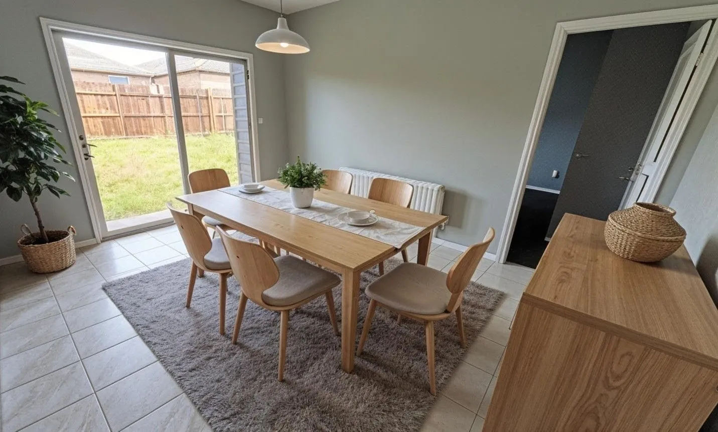 Dining area featuring tile flooring, sliding glass door to a fenced yard, painted walls, and an overhead light fixture