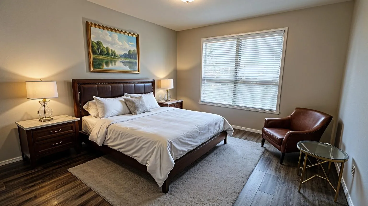 Bedroom featuring wood-finish flooring, neutral wall tones, and a large window with horizontal blinds