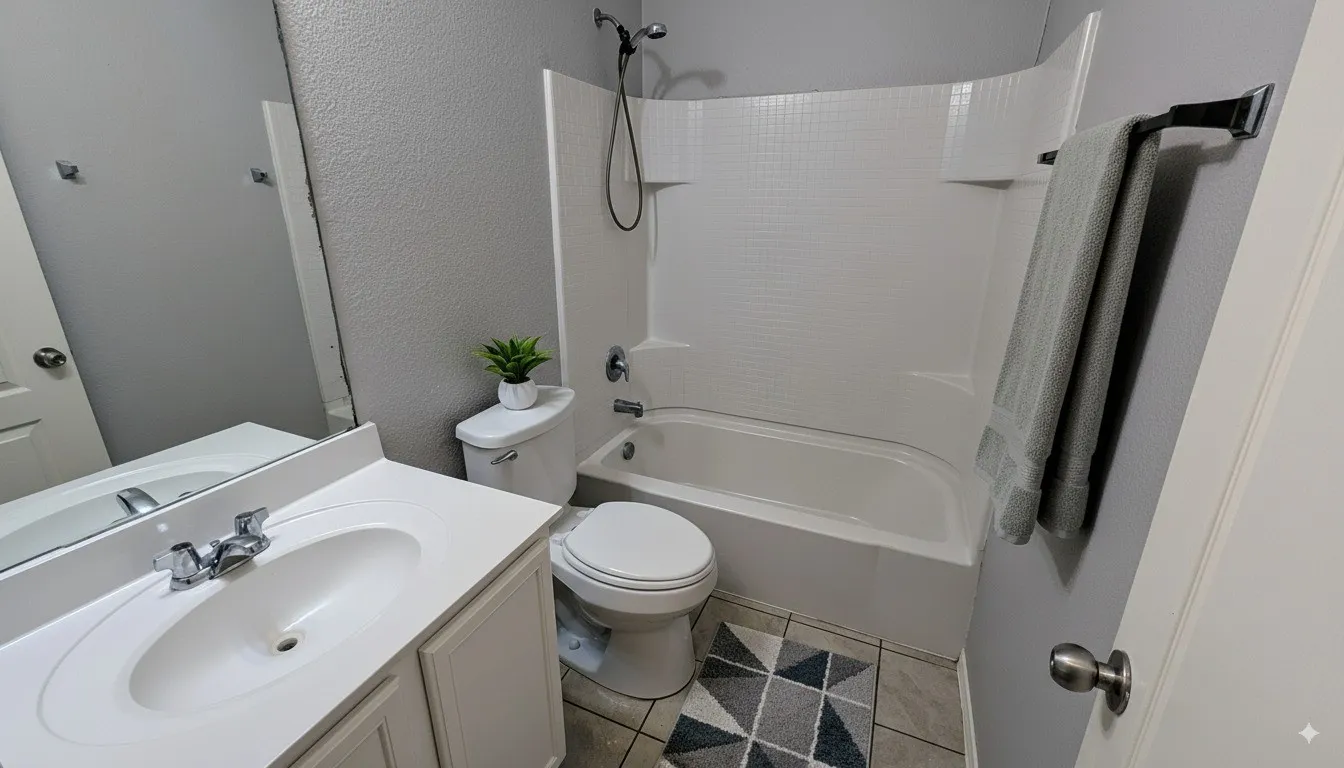 Bathroom featuring a single vanity with an integrated sink, white cabinetry, and a large wall mirror