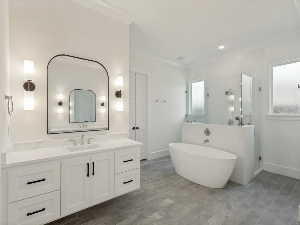 Bathroom featuring a freestanding soaking tub, glass-enclosed shower with multiple showerheads, a vanity with a quartz countertop, and rectangular floor tile