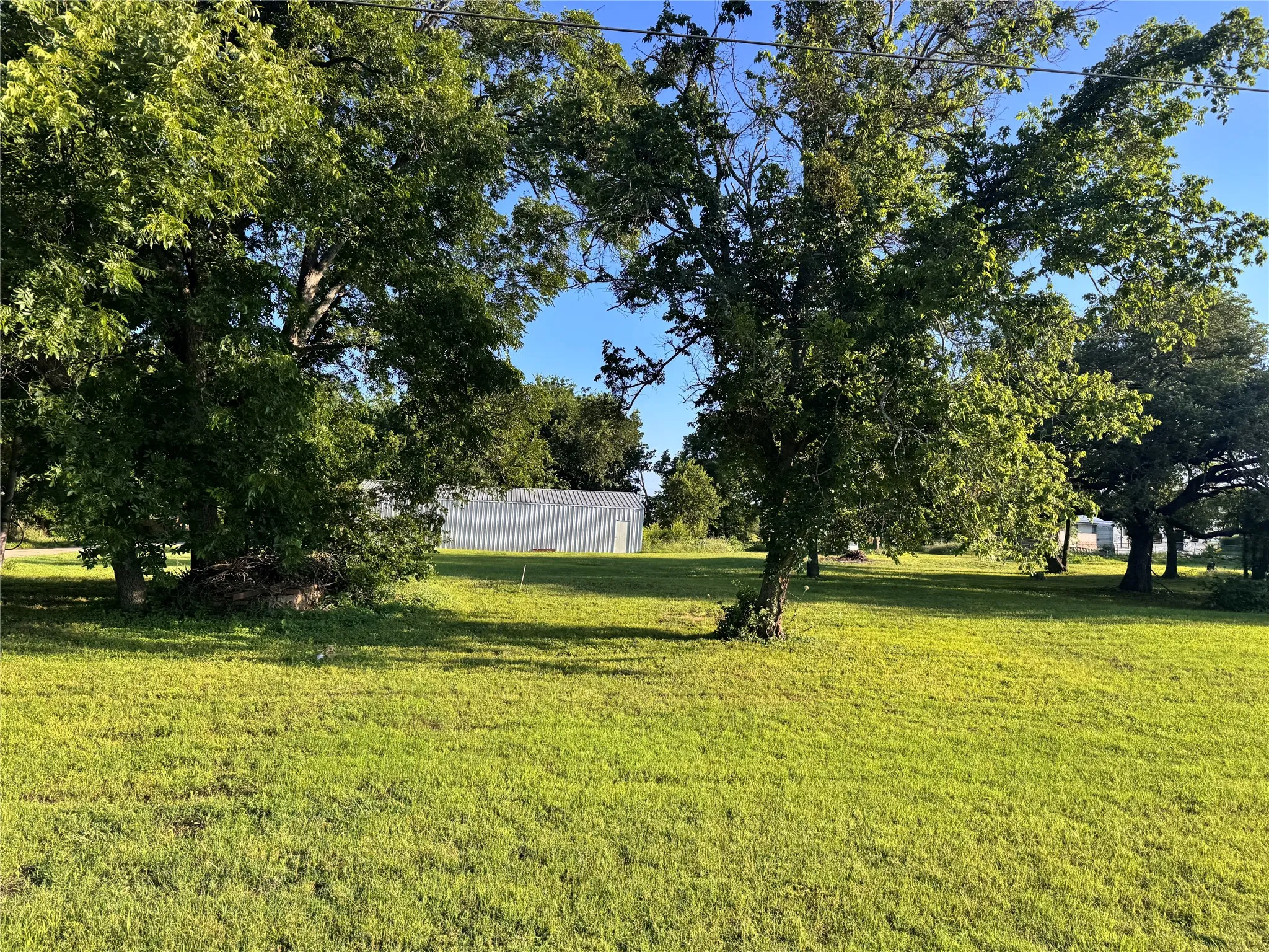 Expansive grassy lot featuring mature trees and a distant metal-sided building