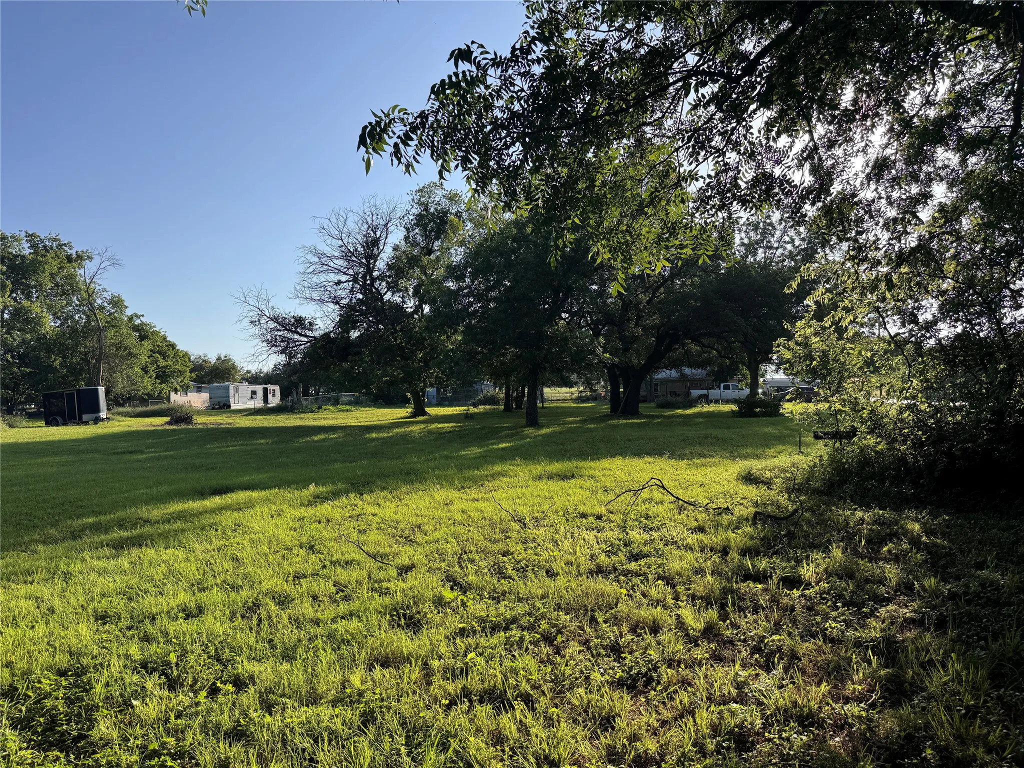 Expansive grassy yard area with mature trees providing partial canopy