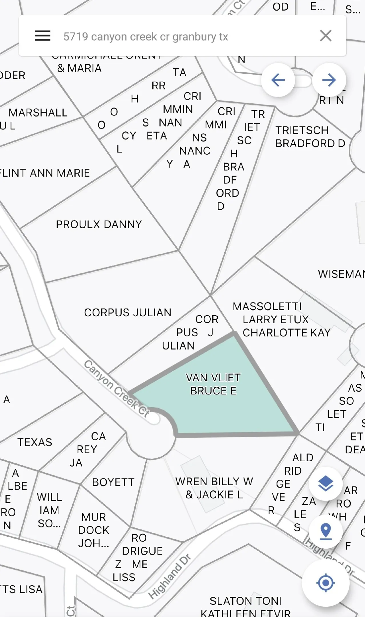 Plat Map. Displaying property boundaries and owner details for the specified address