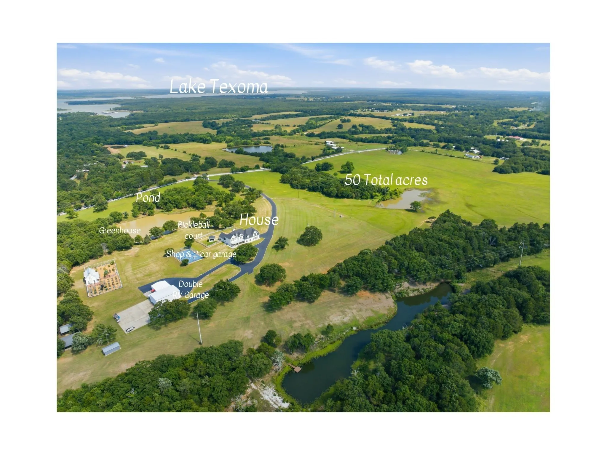 A labeled view of the previous photo.  From the road just above the word "pond" to the right side of the photo where you see a tiny row of trees in front of a large grove of trees, nearly everything you see below the road is a part of this 50 acre tract.