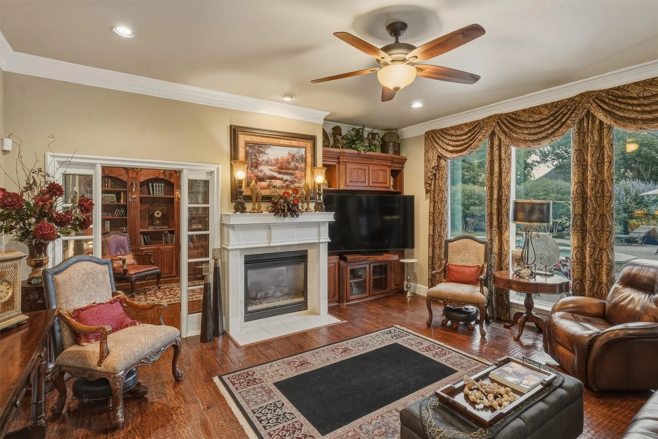 Gas fireplace and hand scraped hard wood floors