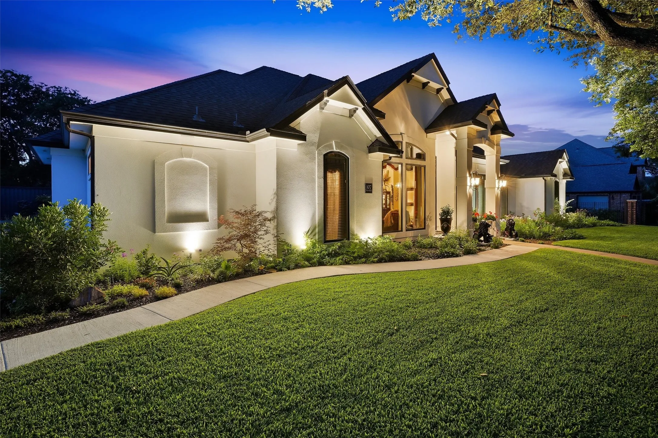 Beautiful flower beds and lighting.