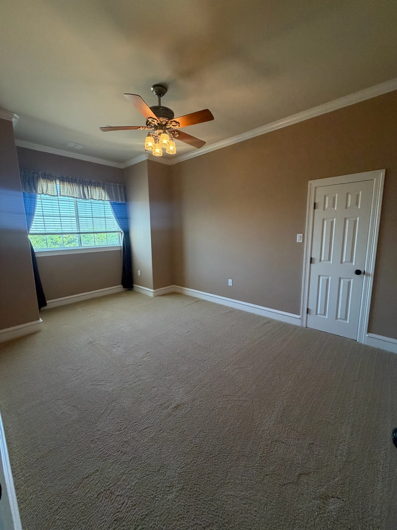 Carpeted room featuring a ceiling fan with integrated lighting, a paneled door, and crown molding