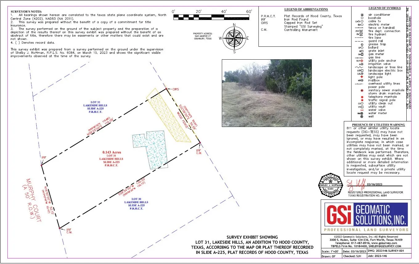 Survey Exhibit. Displaying property boundaries, existing improvements, and relevant notes for the property
