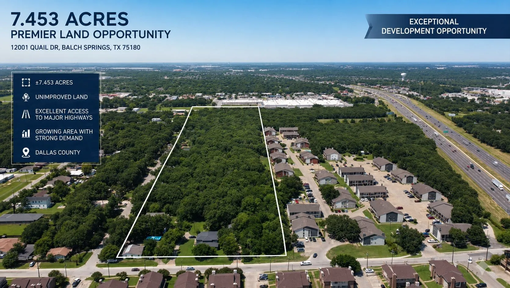 Improved Land For Sale in Dallas County , 12001 Quail Drive, Balch Springs, Texas 75180, 0, 0, Garage spaces, 0 Sqft, built in 0, Price $899,999, mls#21298430, Real Estate Agent in Balch Springs, Homes For Sale in Dallas county, Homes For Sale in Balch Springs, Realtor in Balch Springs Texas, Real Estate Brokerage Independent Realty Texas, Luminita Cordes Realtor