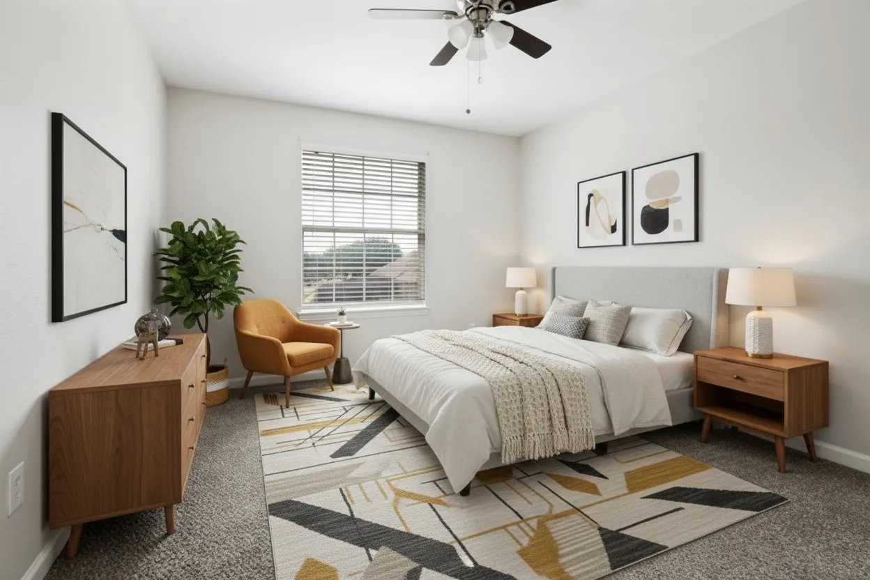 Carpeted room featuring a ceiling fan with integrated lighting, a window with horizontal blinds, and neutral wall paint