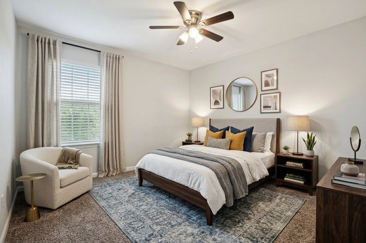 Spacious bedroom featuring light-colored walls, crown molding, and a ceiling fan with integrated lighting