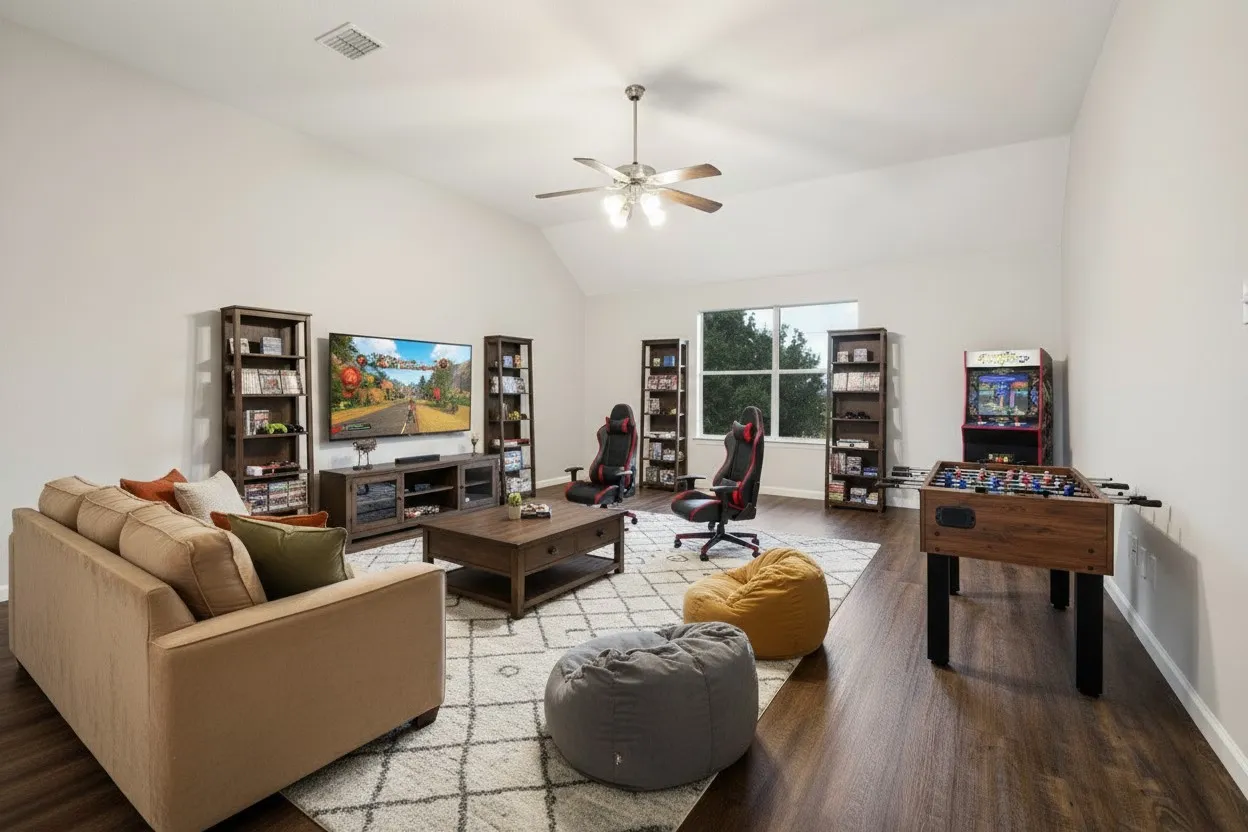 Spacious interior room with vaulted ceilings and wood-finish flooring