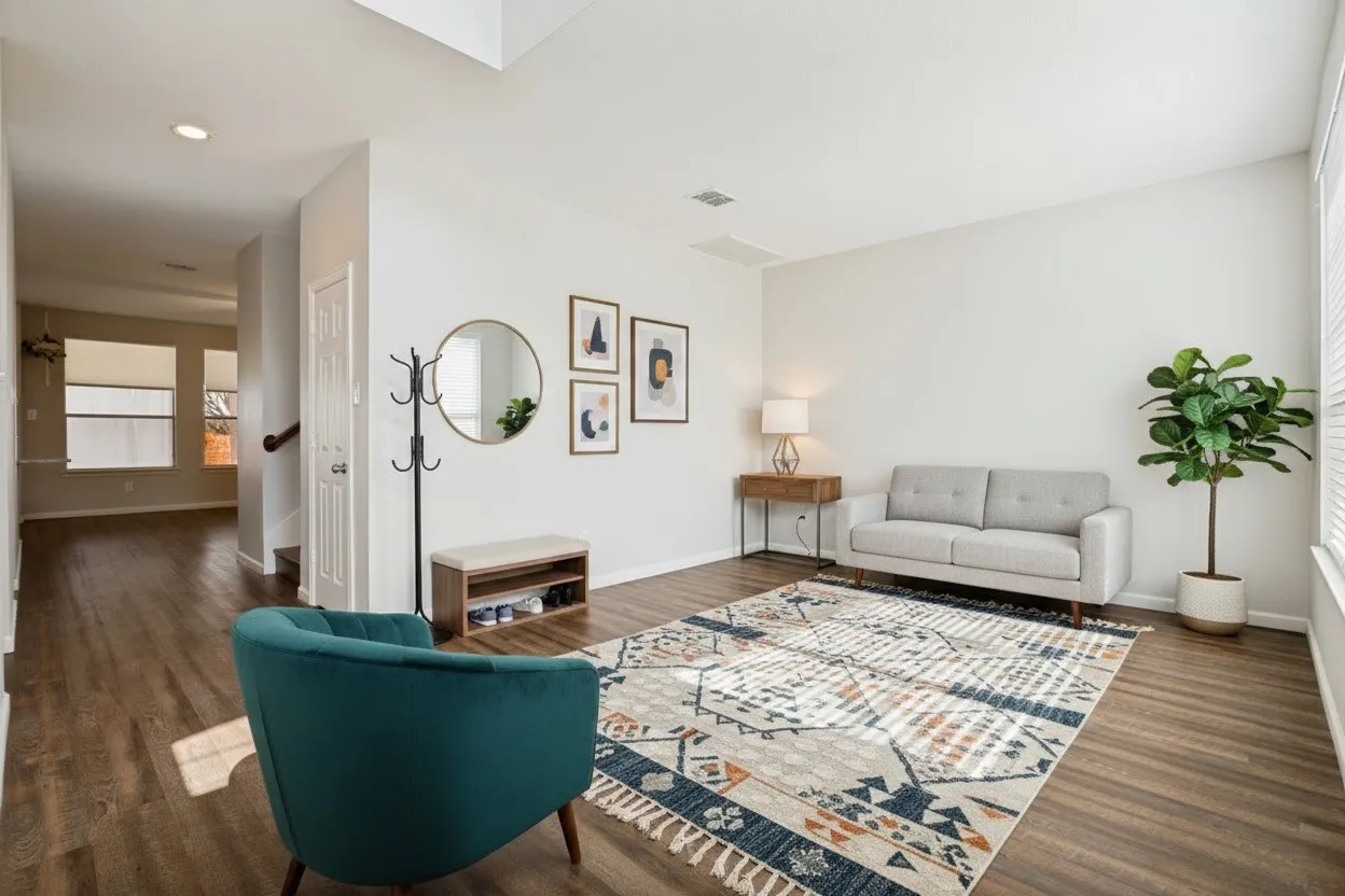Open-concept living space featuring wood-finish flooring throughout, recessed lighting, and expansive windows with blinds