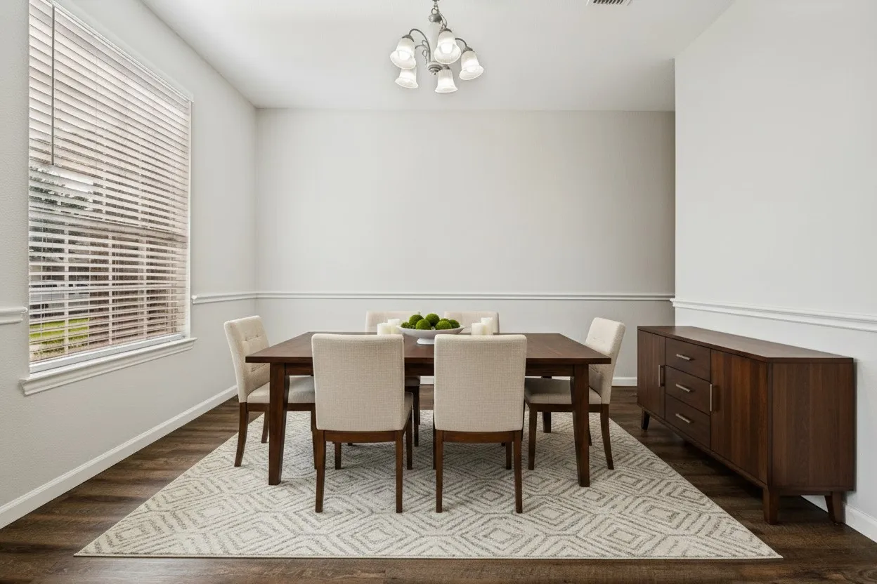 Dining area featuring wood-finish flooring, a double window with blinds, and white trim molding