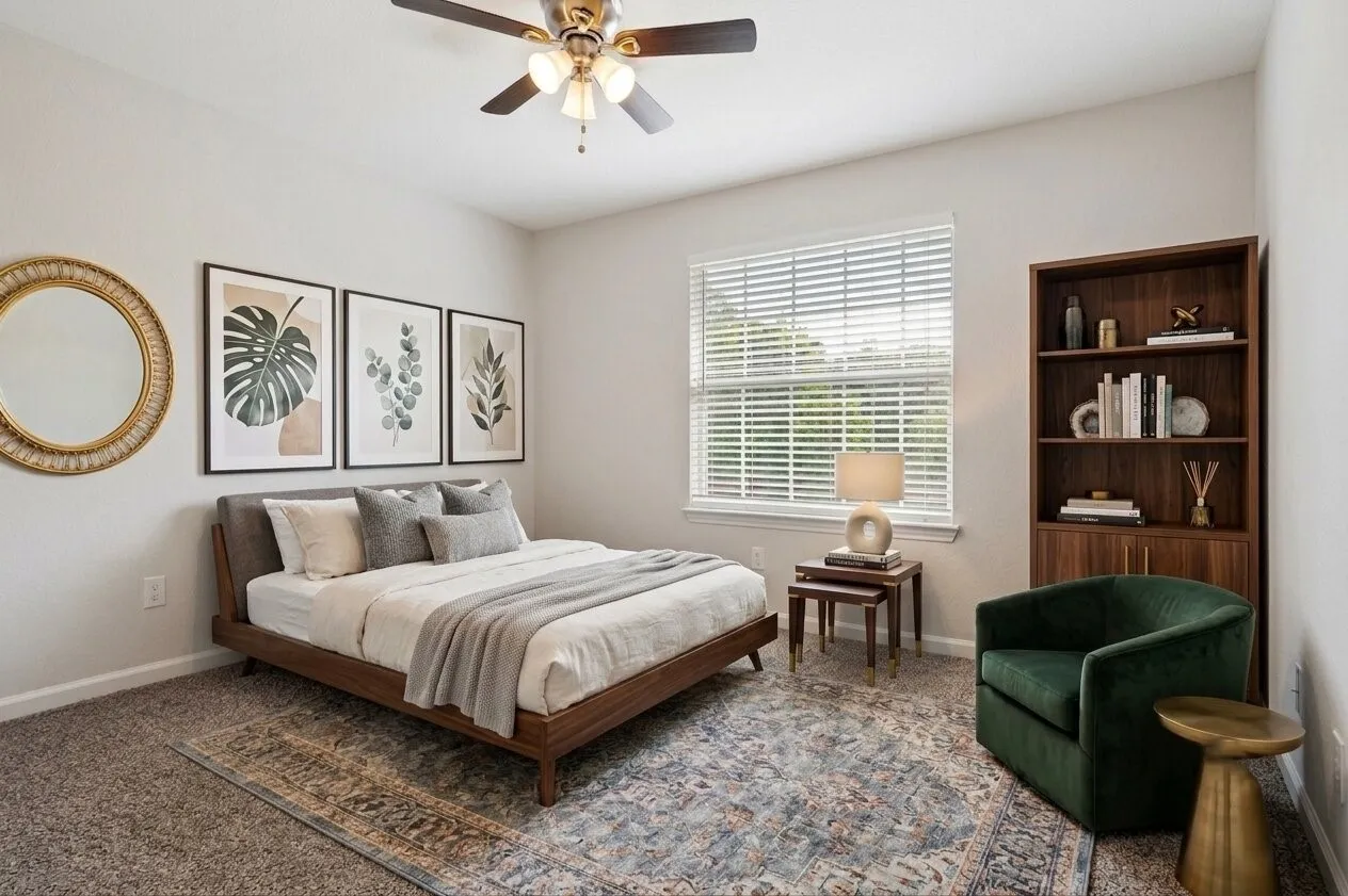 Bedroom featuring neutral wall colors, carpet flooring, a ceiling fan with integrated lighting, a window with blinds, and a built-in shelving unit