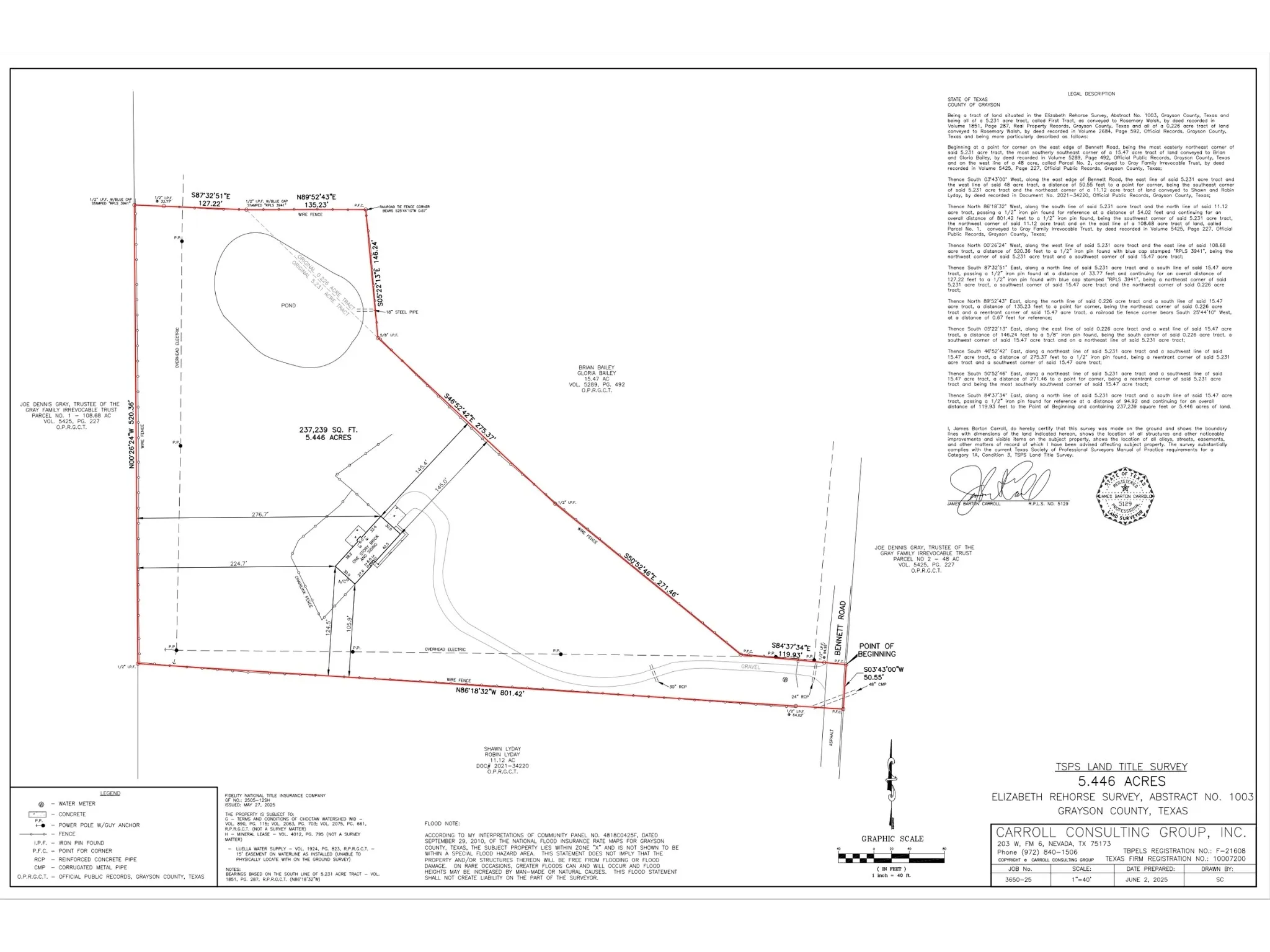 Survey showing 5.446 acres in Grayson County with Bennett Road frontage, pond, access drive, and utility details.
