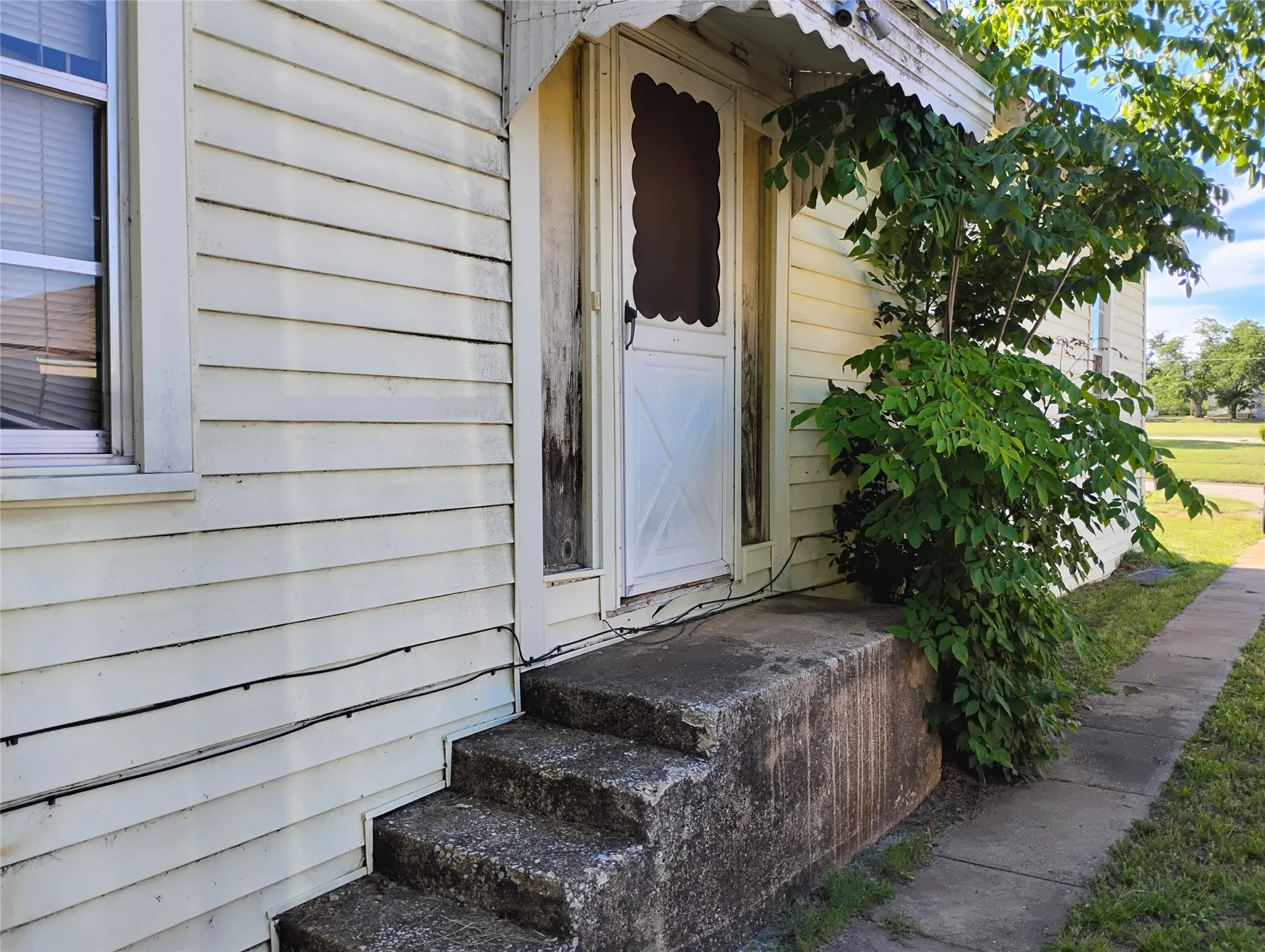 Side-entry door featuring a white screen door with an X-pattern