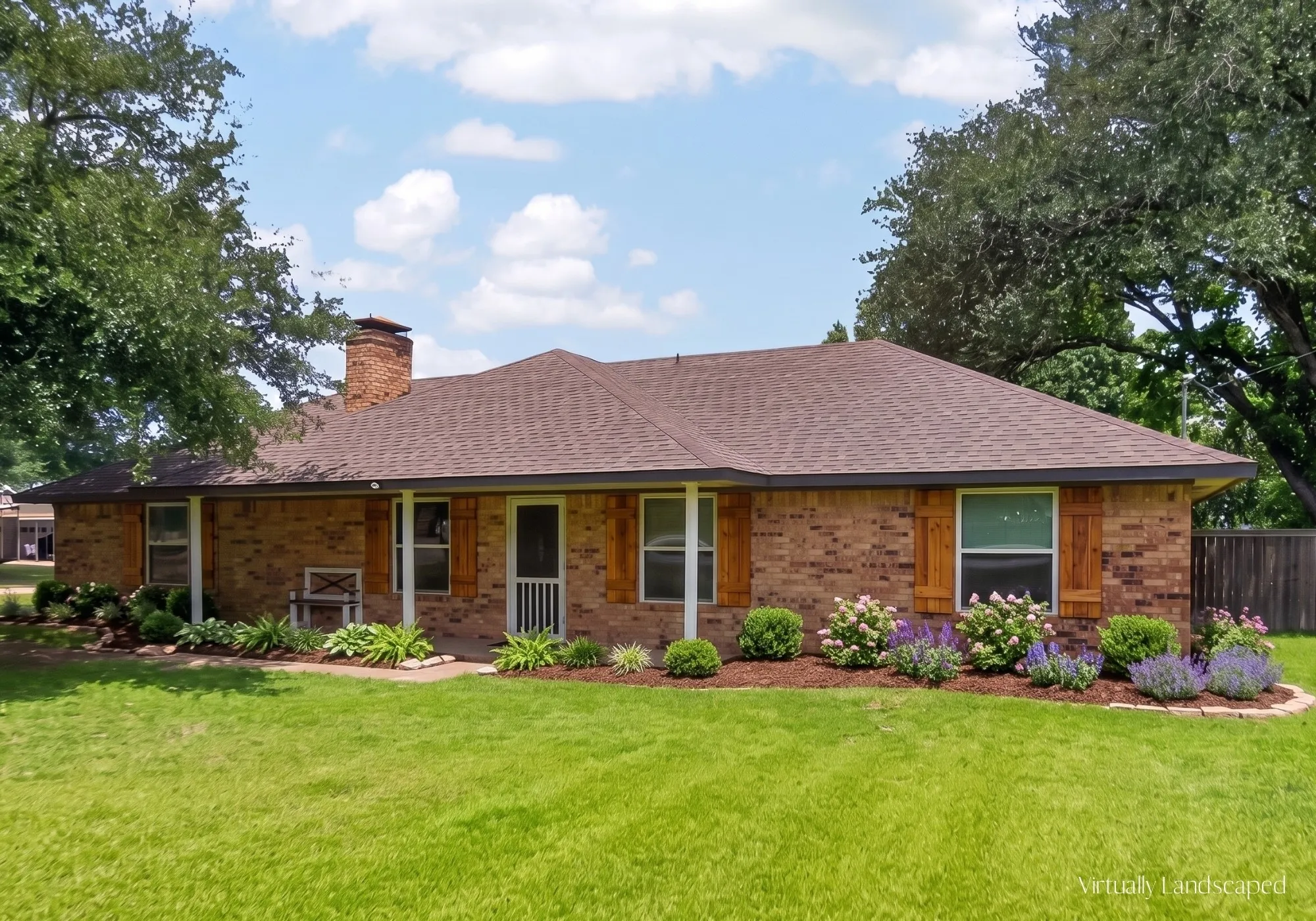 Brick exterior with natural wood shutters, covered front entry, and a prominent brick chimney