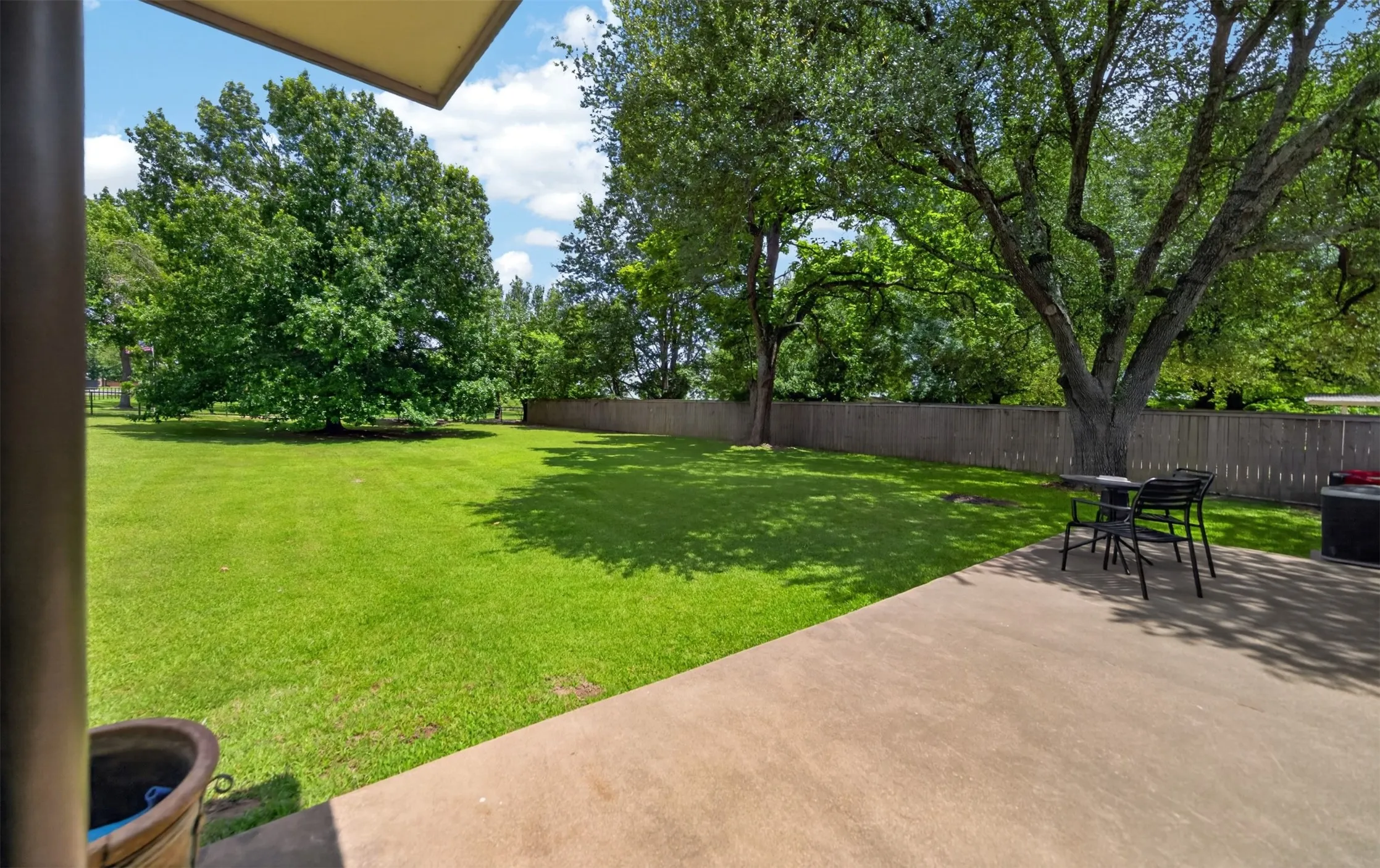 Expansive lawn area with mature trees and a concrete patio