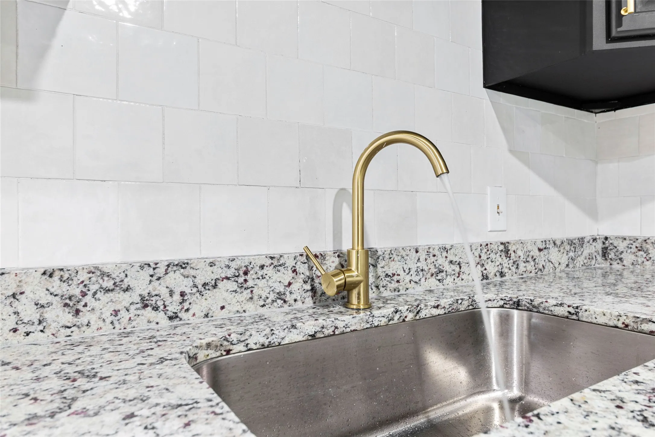 Stainless steel undermount sink with a gooseneck faucet in a brushed gold finish