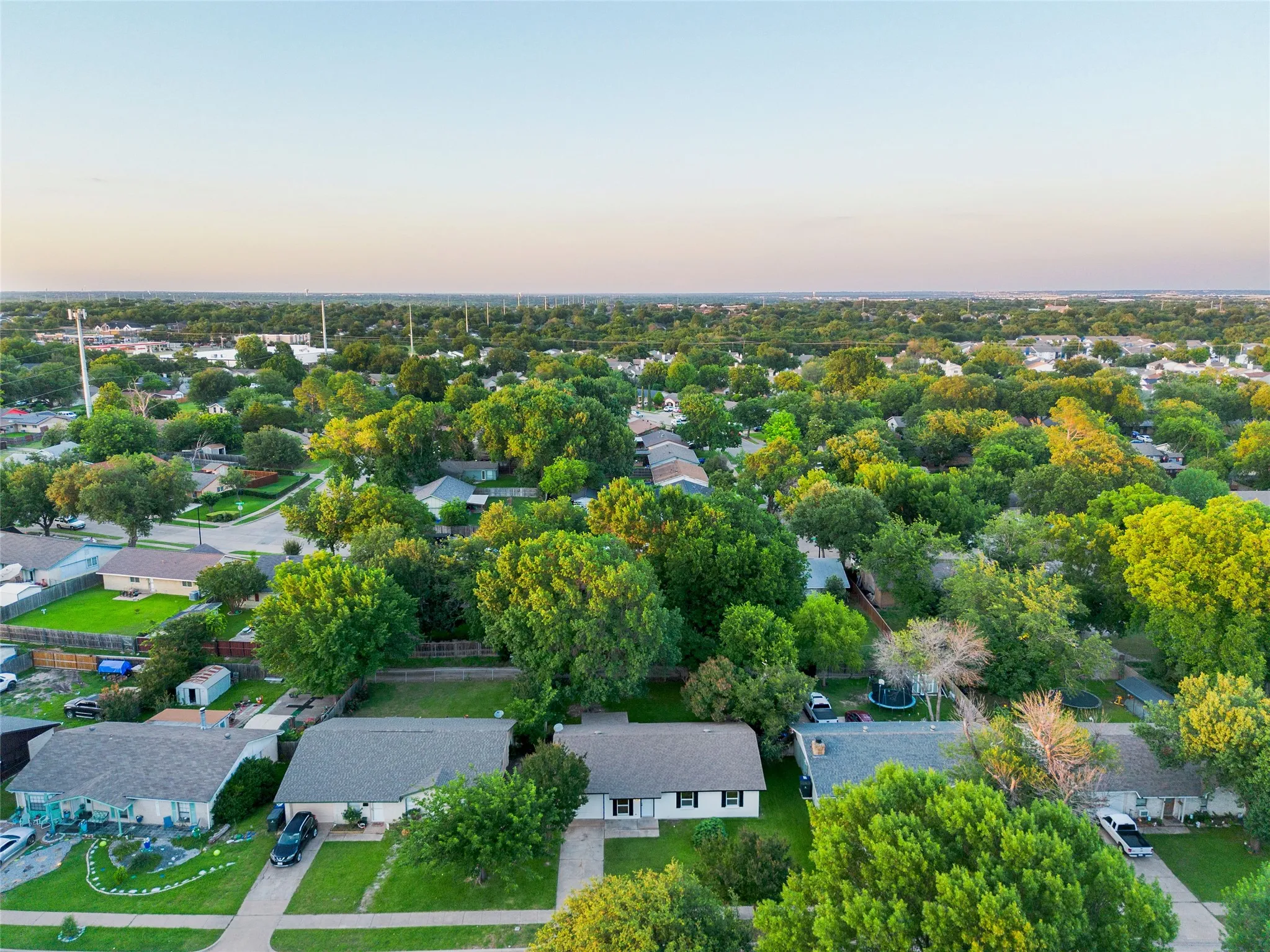 Aerial perspective showcasing a residential neighborhood with extensive tree canopy