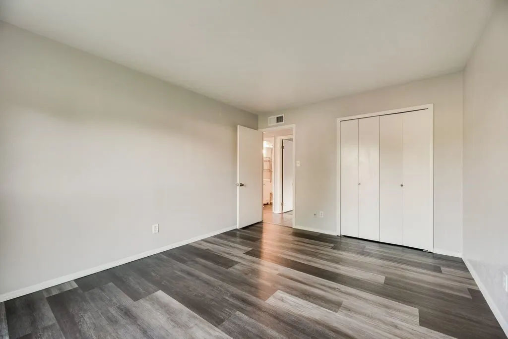 Spacious room featuring wood-finish flooring, light gray wall paint, white trim, and a white bi-fold closet