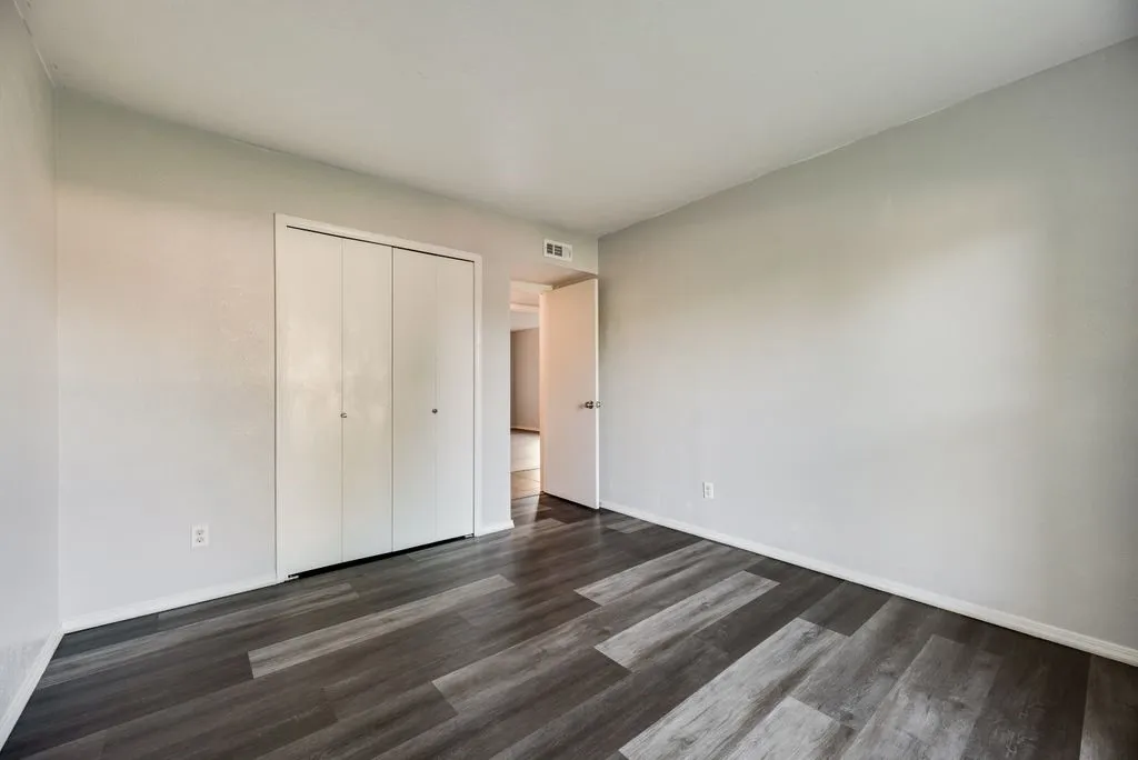 Spacious room featuring wood-finish flooring, light gray wall paint, white trim, and a white bi-fold closet door