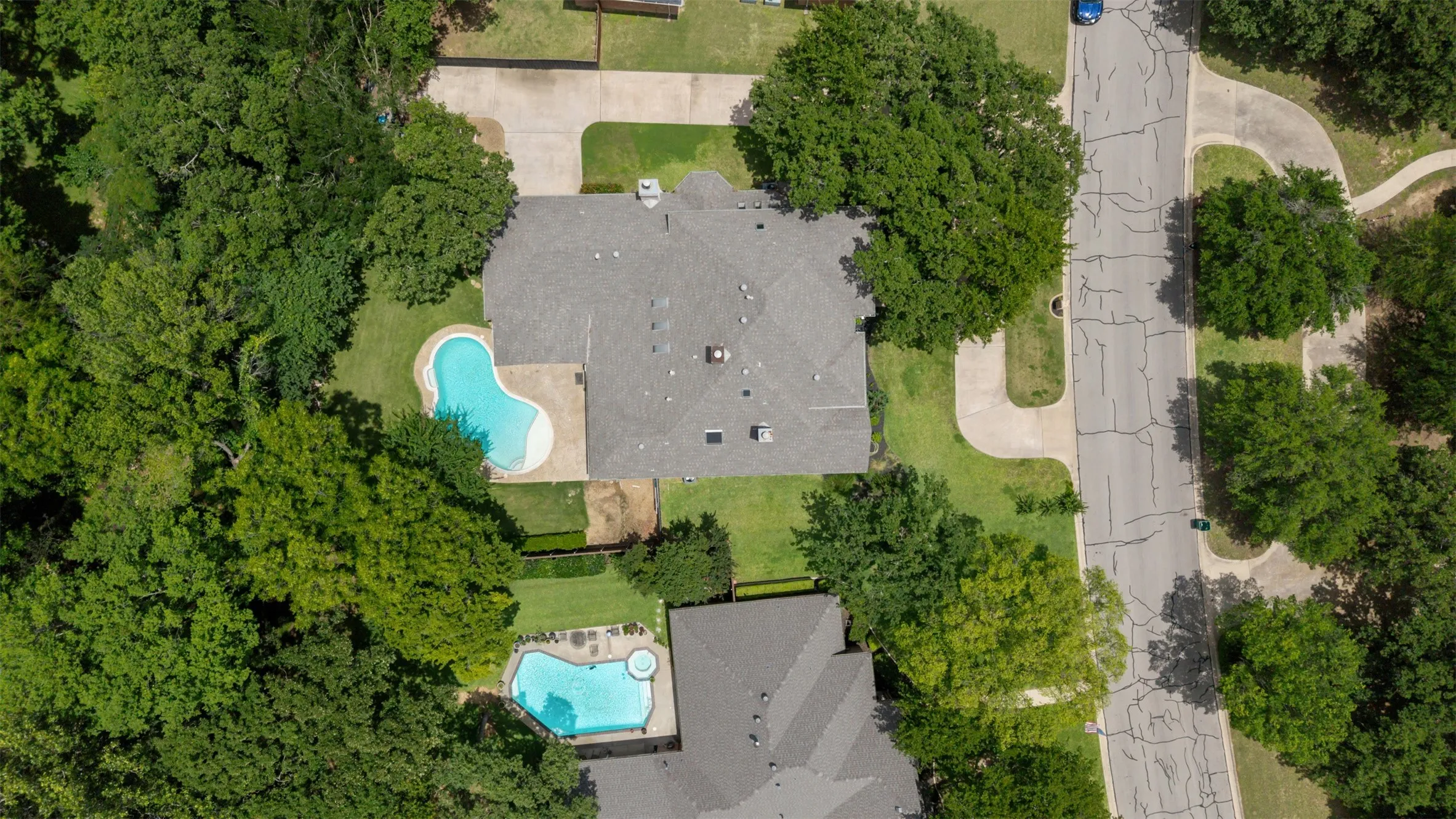 Lush half acre lot with many trees, pool & outdoor living area.