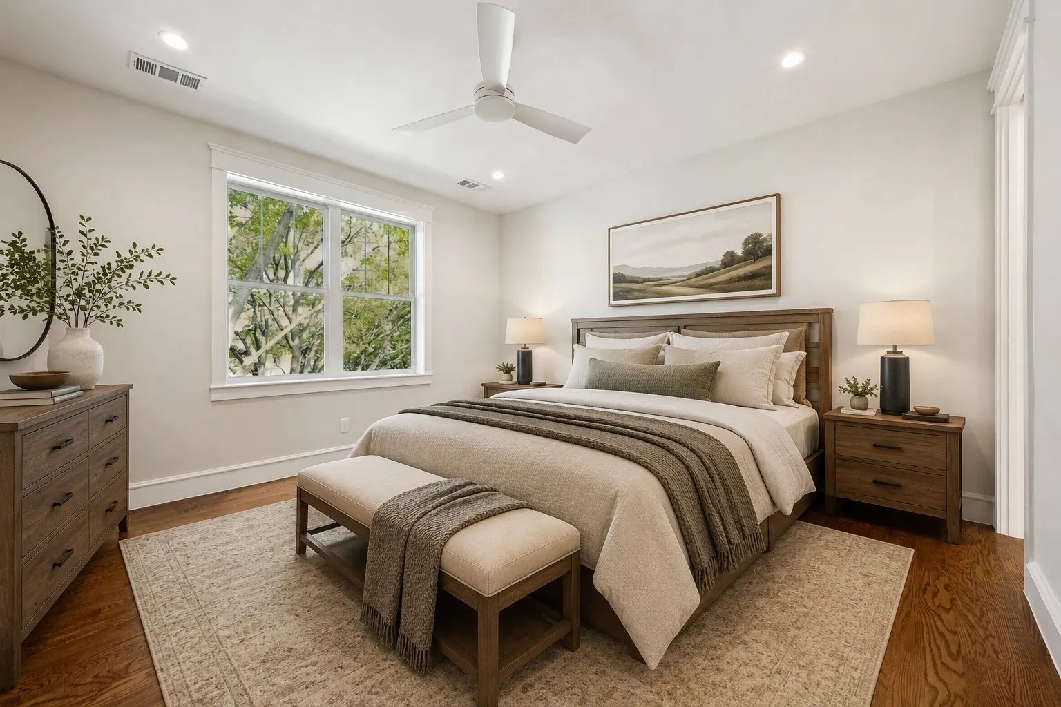 Bedroom featuring a large double window, wood-finish flooring, recessed lighting, crown molding, and a ceiling fan