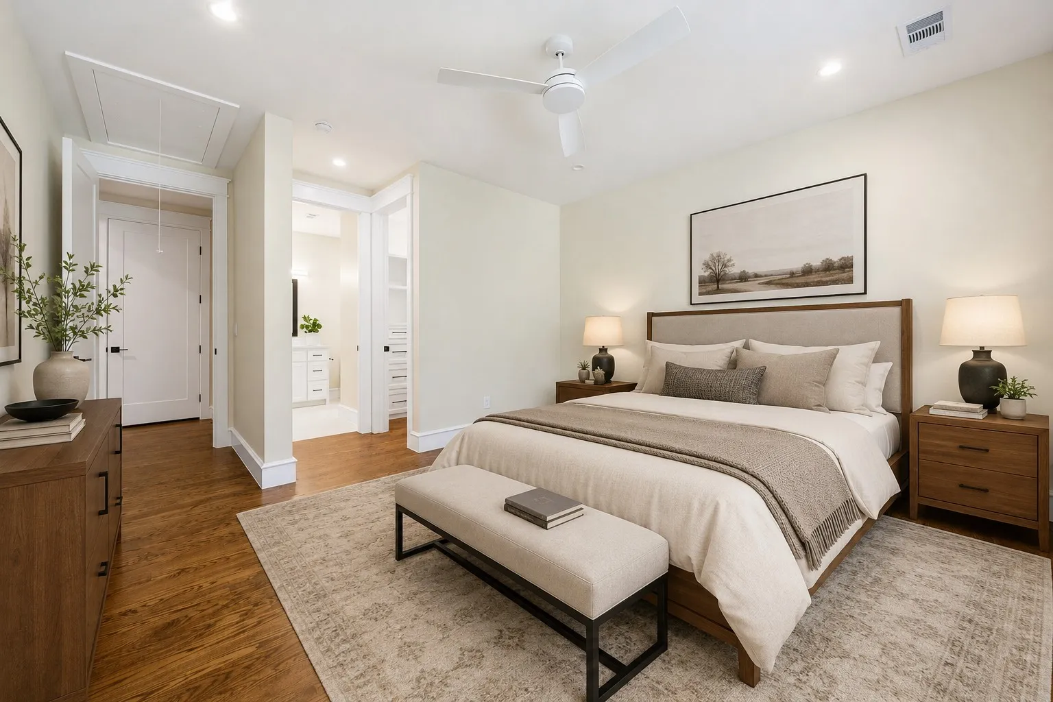 Well-appointed bedroom featuring wood-finish flooring, a contemporary ceiling fan, recessed lighting, and a neutral color palette