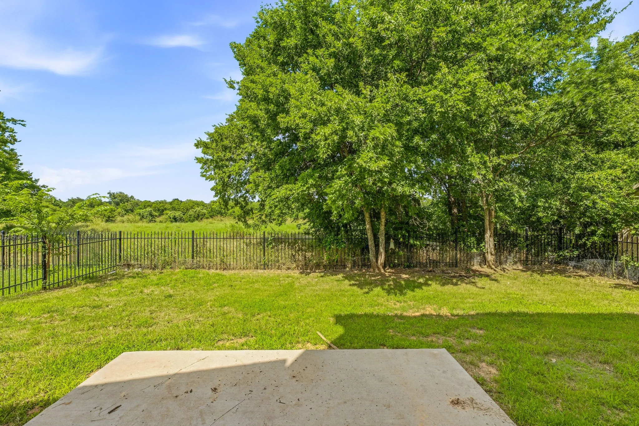 Expansive backyard featuring a concrete patio, a manicured lawn, a black metal fence, and mature trees