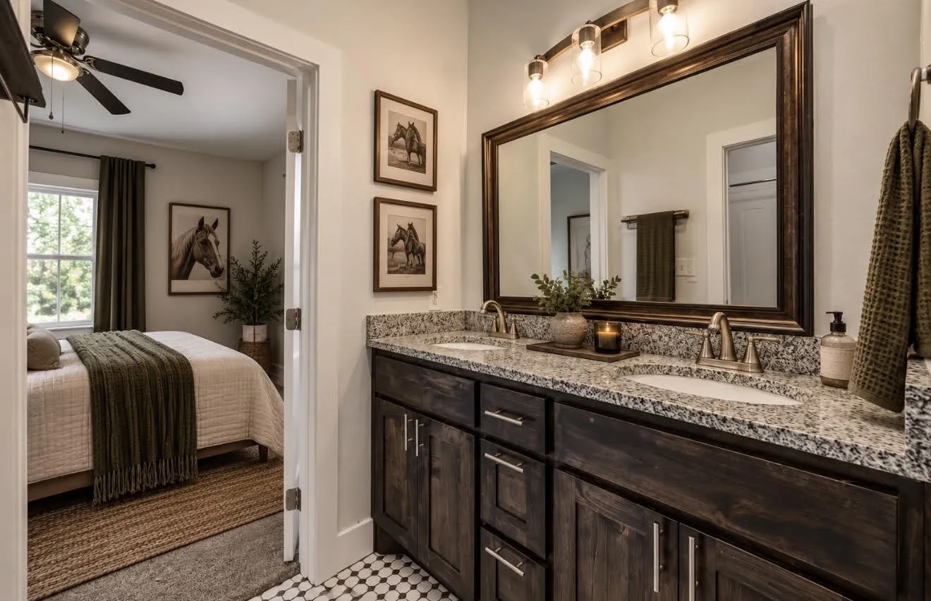 Double vanity with stone countertop, dark wood-finish cabinetry, and framed mirror