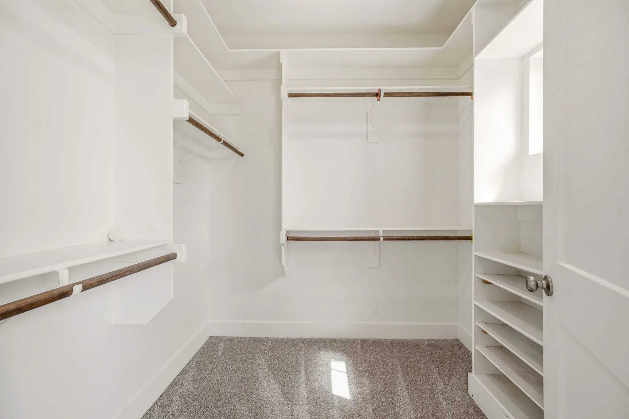 Walk-in closet featuring white built-in shelving, multiple hanging rods, and a gray carpeted floor