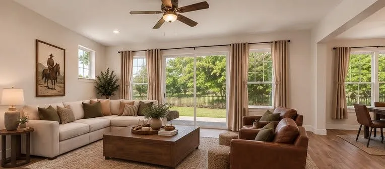 Spacious living area featuring a ceiling fan, sliding glass door, multiple windows, and wood-finish flooring