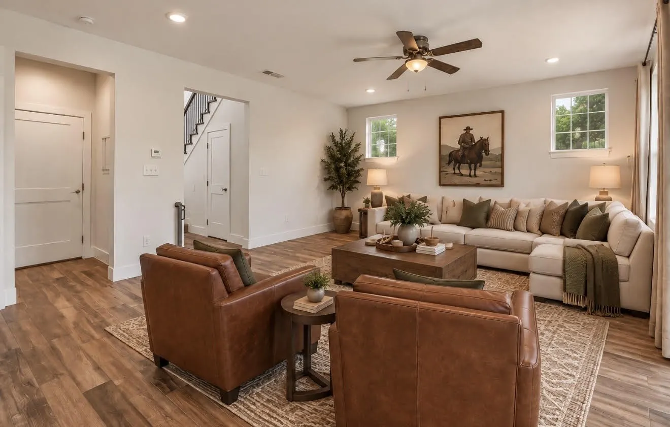 Spacious living area featuring wood-finish flooring, recessed lighting, and multiple windows