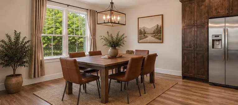 Wood-finish flooring, white trim, recessed lighting, and a multi-pane window