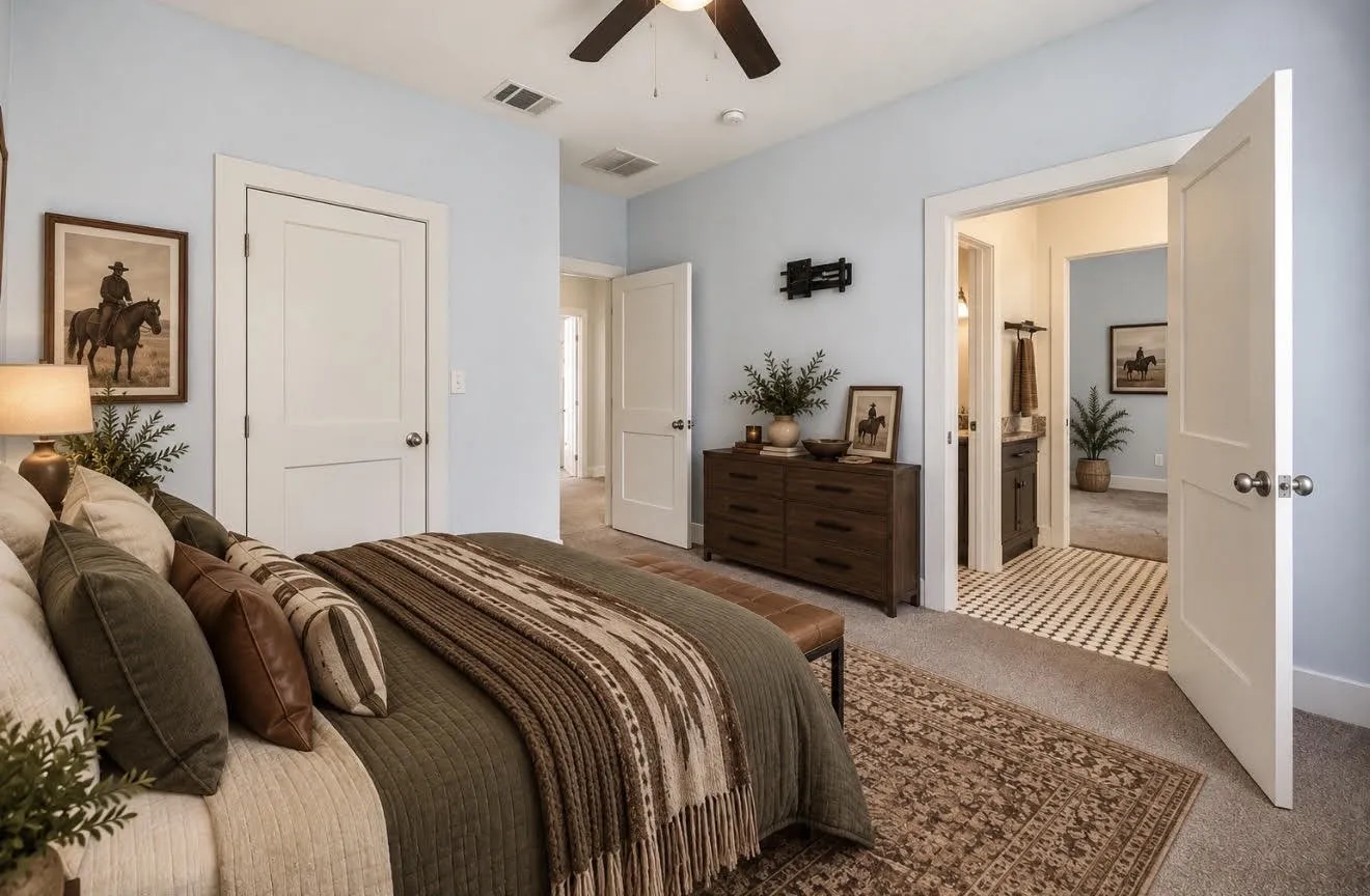 Light blue walls with white trim and solid core doors