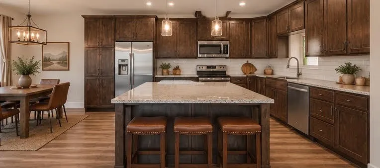 Kitchen featuring dark wood-finish cabinetry, stainless steel appliances, a center island with countertop seating, and light wood-finish flooring